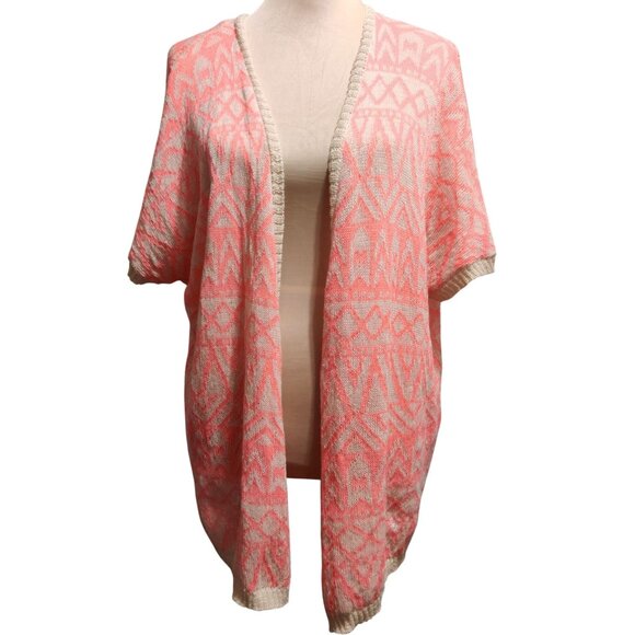 Miss Daisy S Coral Aztec Open Knit Cardigan Short Sleeve Boho Lightweight Layer - Picture 1 of 8